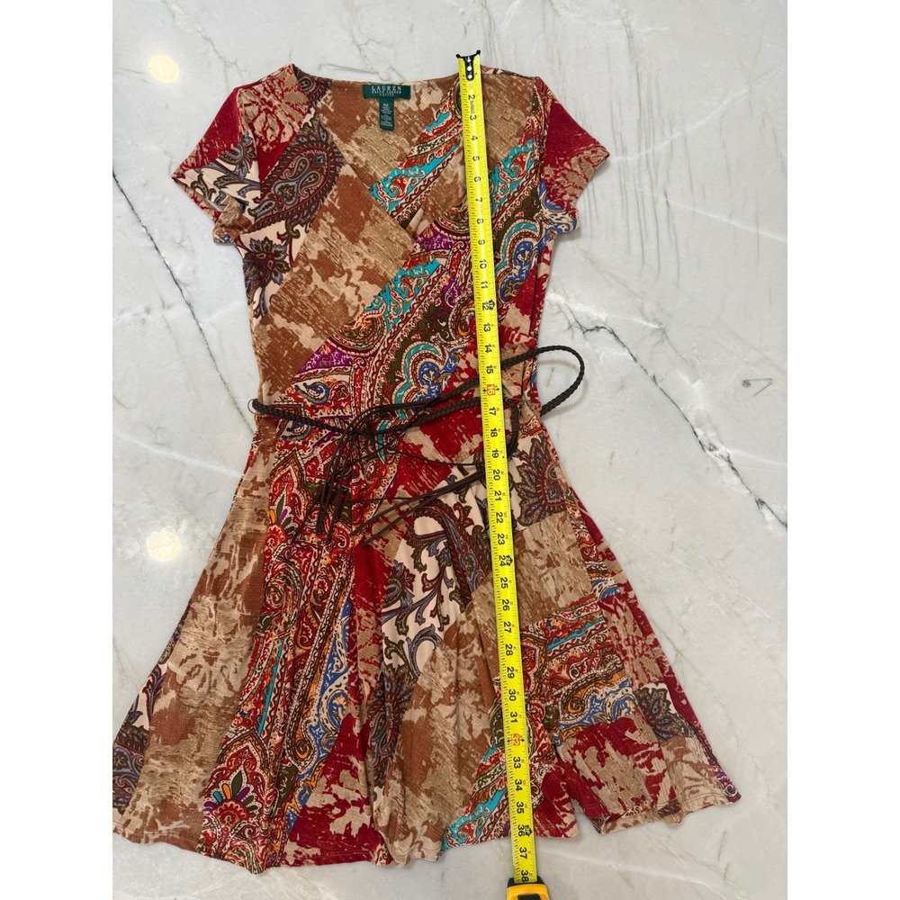 Lauren Ralph Lauren Petite Paisley Patchwork Faux Wrap Dress with Belt PM Red 71 - Picture 9 of 12